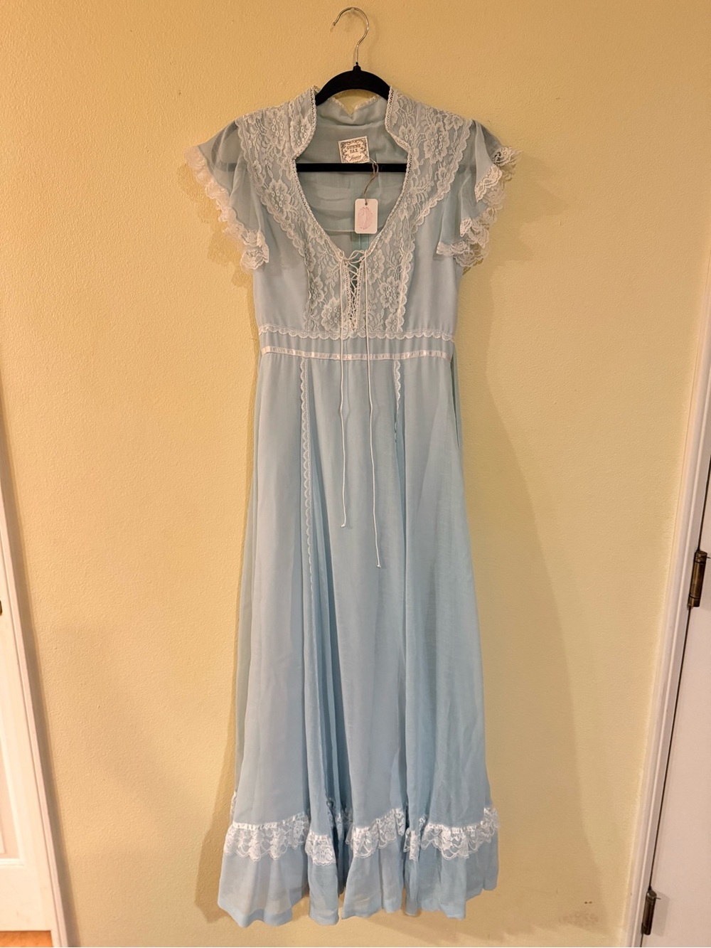 Gunne Sax Light Blue Maxi Dress with Lace Pearl Trim cottagecore prairi no size - Picture 2 of 11